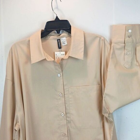Womens oversized long-sleeve drop shoulders button-down beige shirt sz L Casual - Picture 2 of 7
